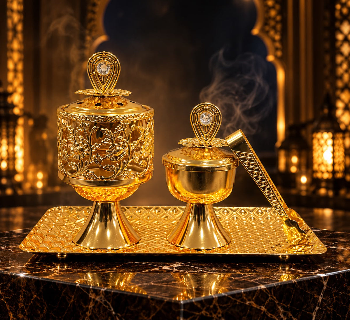 Golden Non-Electric Bakhoor Burner with Tray