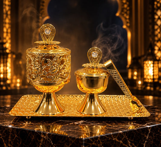 Golden Non-Electric Bakhoor Burner with Tray